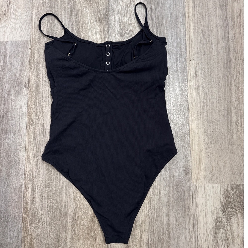 Melissa Odabash Black Ribbed Henley One Piece Swimsuit USA 10 Made in Italy